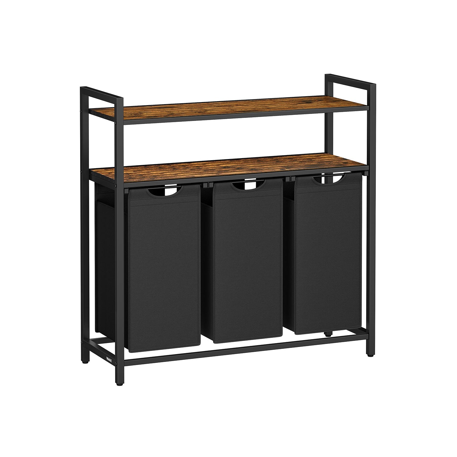 Laundry Basket – Wood and Fabric – Rustic Brown and Black – 3 Removable Bags and 2 Shelves, 40 L Capacity Each