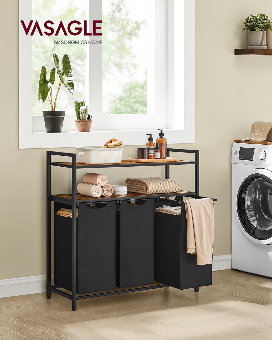 Laundry Basket – Wood and Fabric – Rustic Brown and Black – 3 Removable Bags and 2 Shelves, 40 L Capacity Each