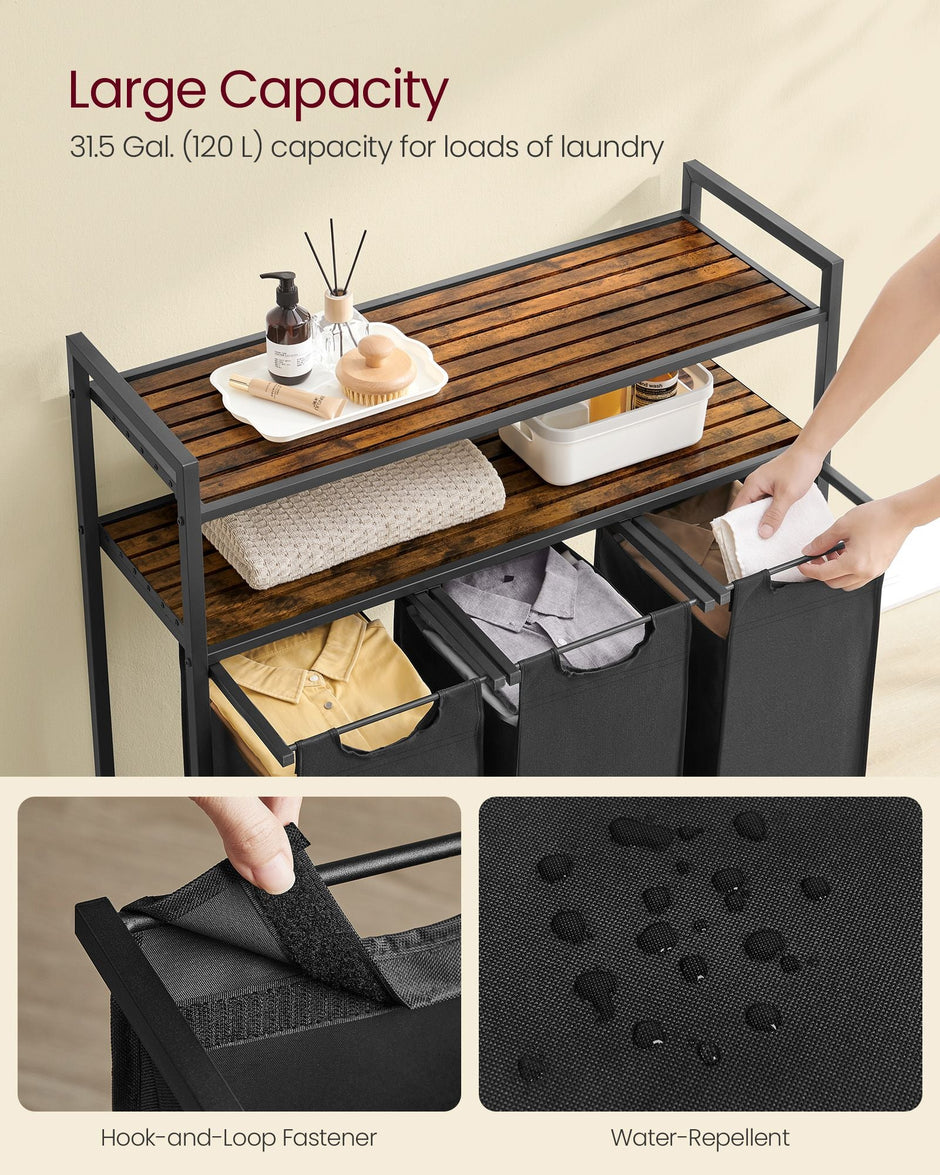 Laundry Basket – Wood and Fabric – Rustic Brown and Black – 3 Removable Bags and 2 Shelves, 40 L Capacity Each