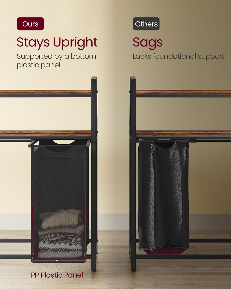 Laundry Basket – Wood and Fabric – Rustic Brown and Black – 3 Removable Bags and 2 Shelves, 40 L Capacity Each