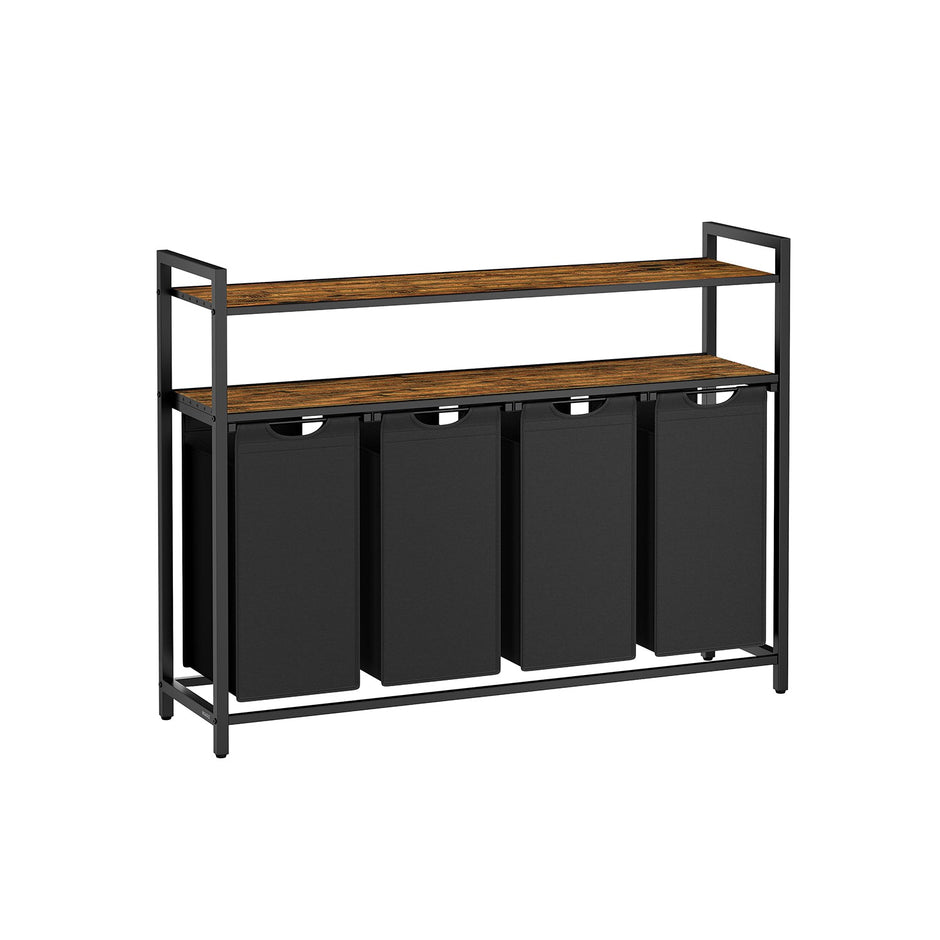 Laundry Hamper – Wood and Fabric – Rustic Brown and Black – 4 Pull-Out Removable Bags with Shelves