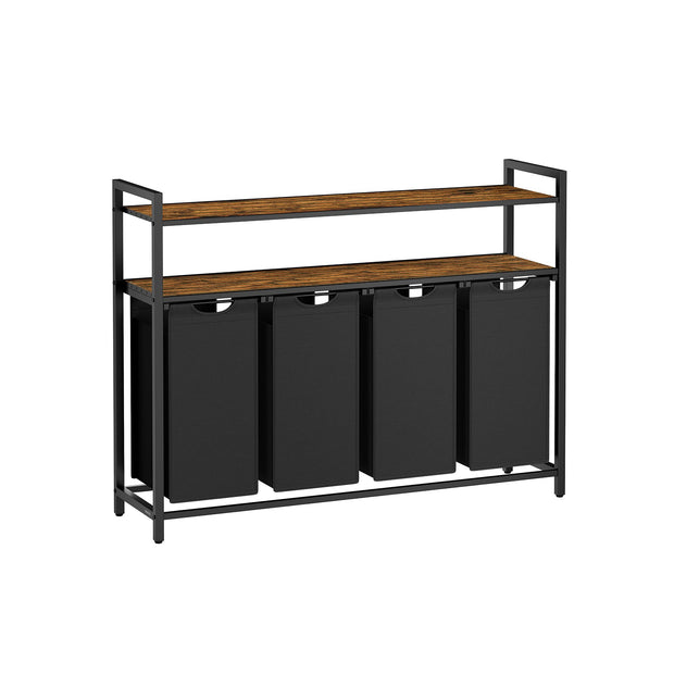 Laundry Hamper – Wood and Fabric – Rustic Brown and Black – 4 Pull-Out Removable Bags with Shelves