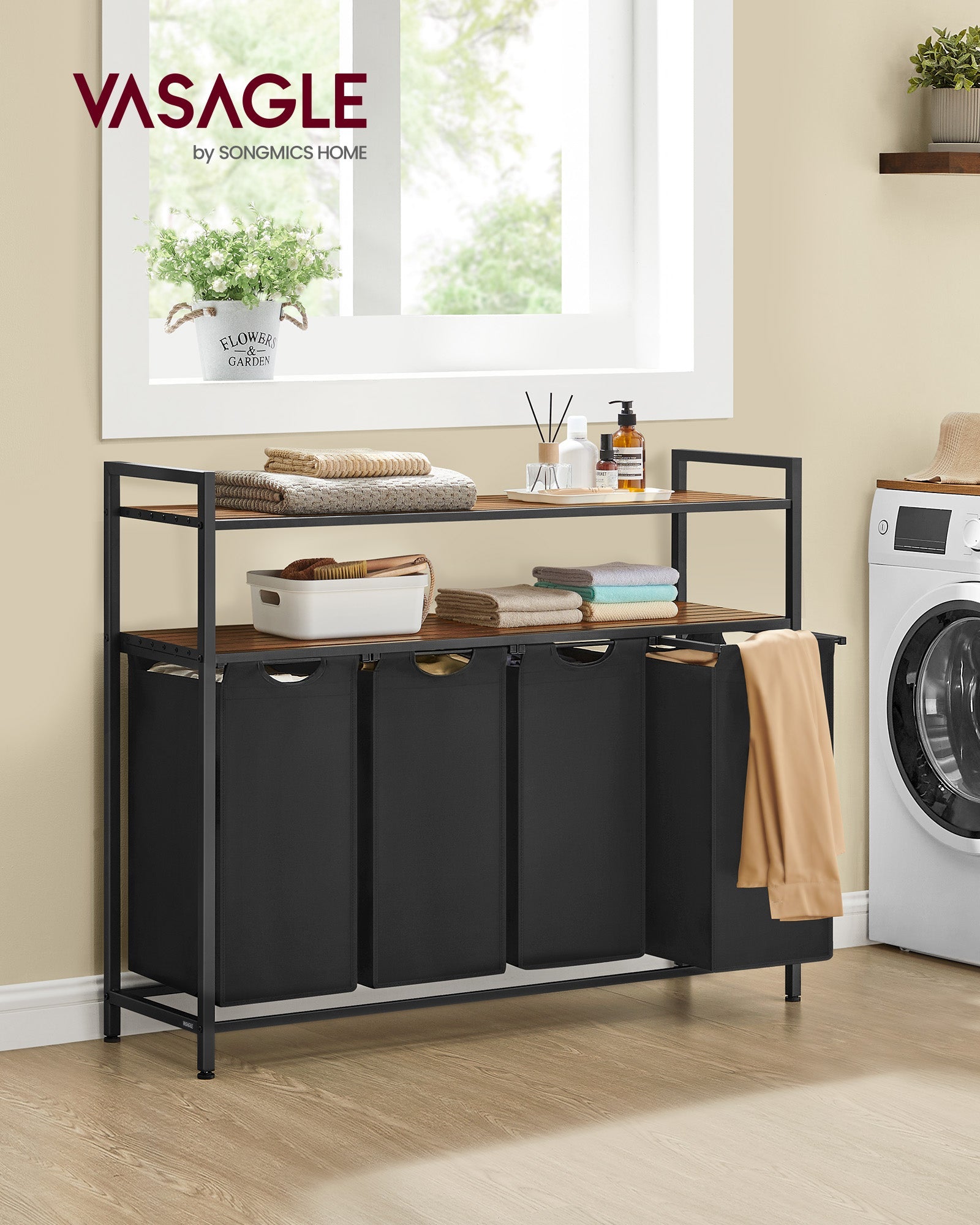 Laundry Hamper – Wood and Fabric – Rustic Brown and Black – 4 Pull-Out Removable Bags with Shelves