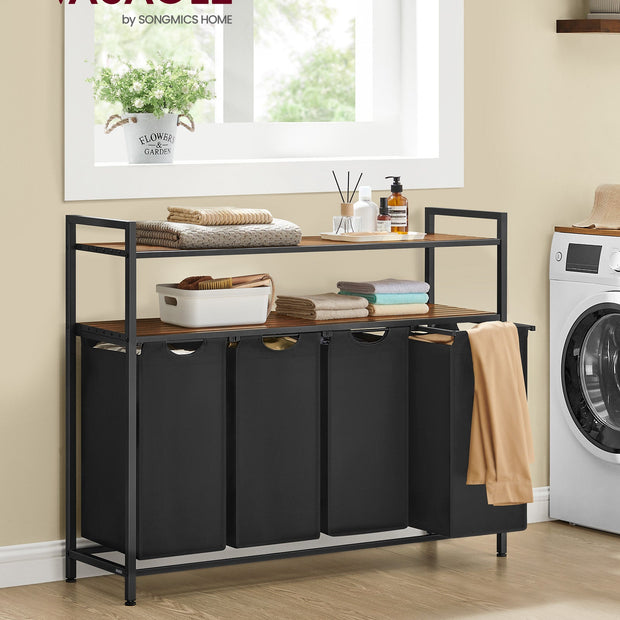 Laundry Hamper – Wood and Fabric – Rustic Brown and Black – 4 Pull-Out Removable Bags with Shelves