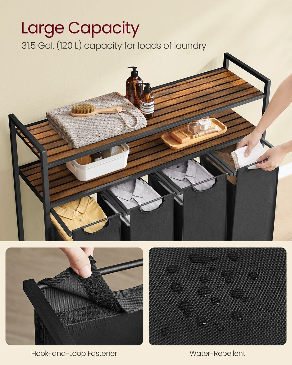 Laundry Hamper – Wood and Fabric – Rustic Brown and Black – 4 Pull-Out Removable Bags with Shelves