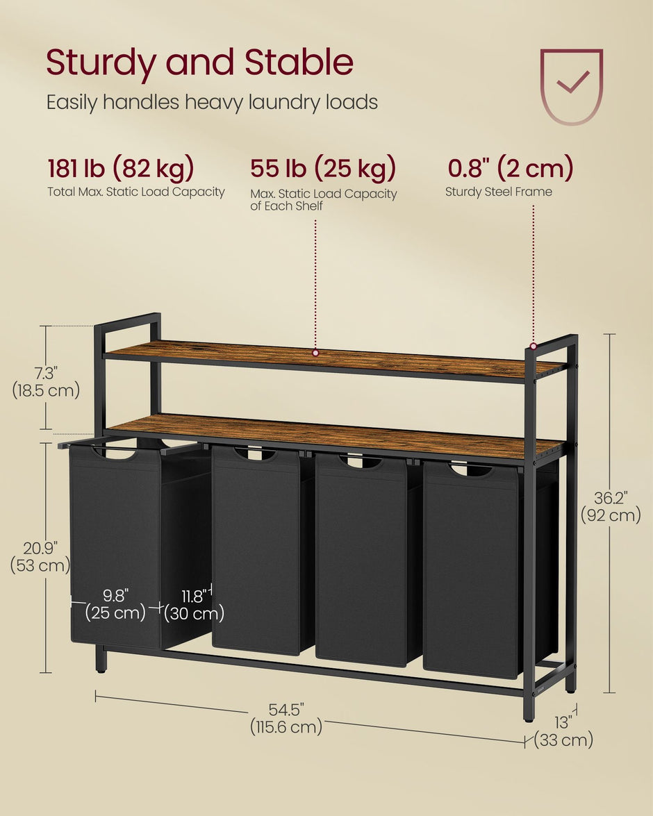 Laundry Hamper – Wood and Fabric – Rustic Brown and Black – 4 Pull-Out Removable Bags with Shelves