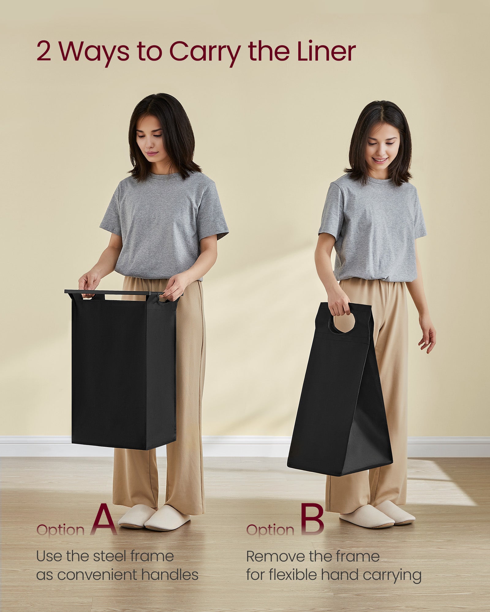 Laundry Hamper – Wood and Fabric – Rustic Brown and Black – 4 Pull-Out Removable Bags with Shelves