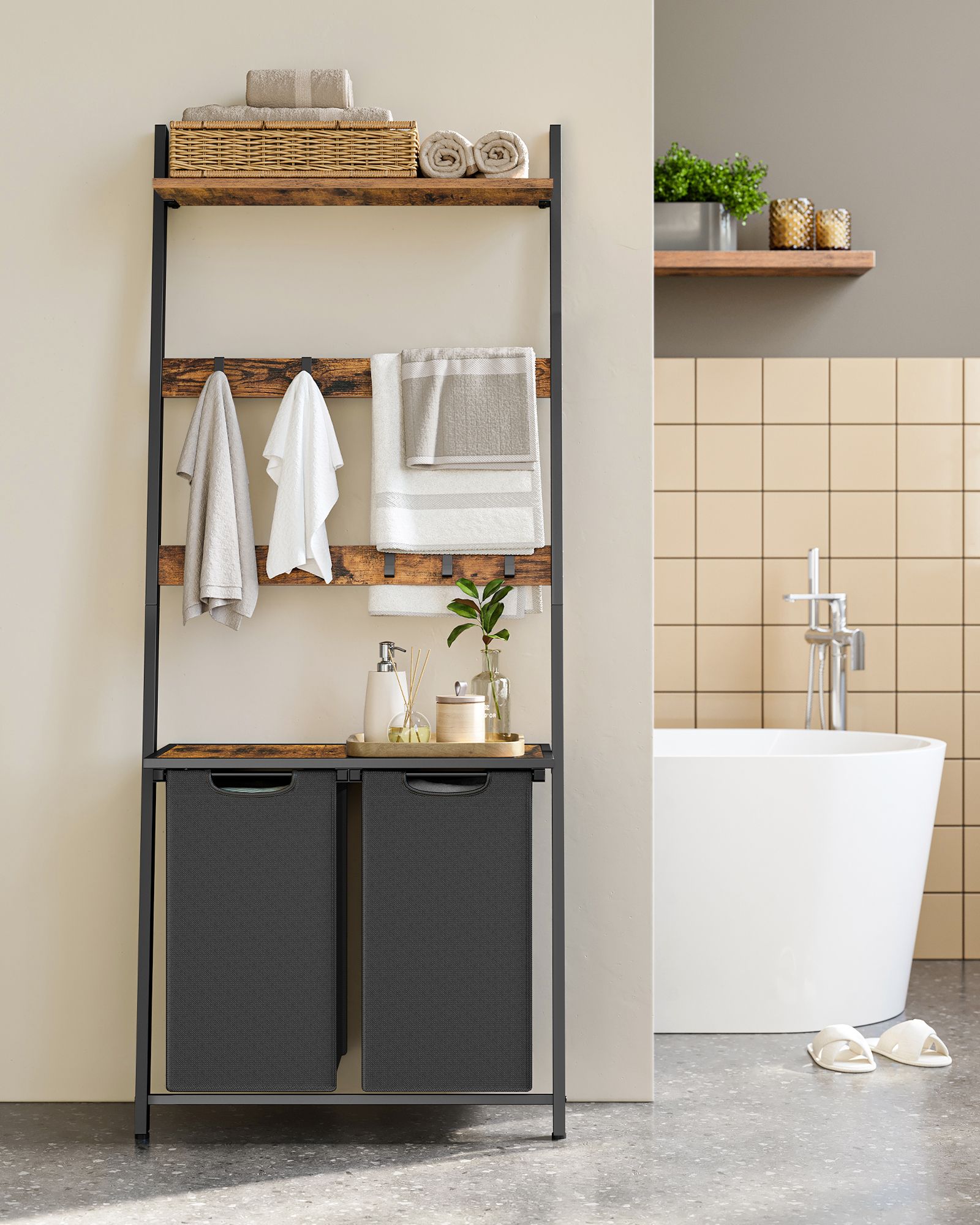Laundry Hamper with Blanket Ladder – Wood – Rustic Brown and Ink Black – 2-Section with Pull-Out Removable Liners