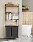Laundry Hamper with Blanket Ladder – Wood – Rustic Brown and Ink Black – 2-Section with Pull-Out Removable Liners