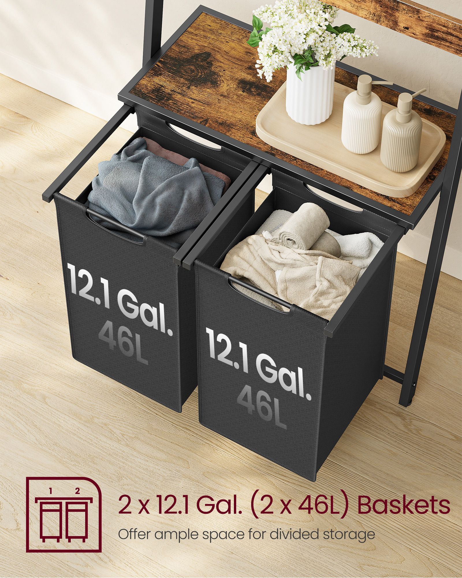 Laundry Hamper with Blanket Ladder – Wood – Rustic Brown and Ink Black – 2-Section with Pull-Out Removable Liners