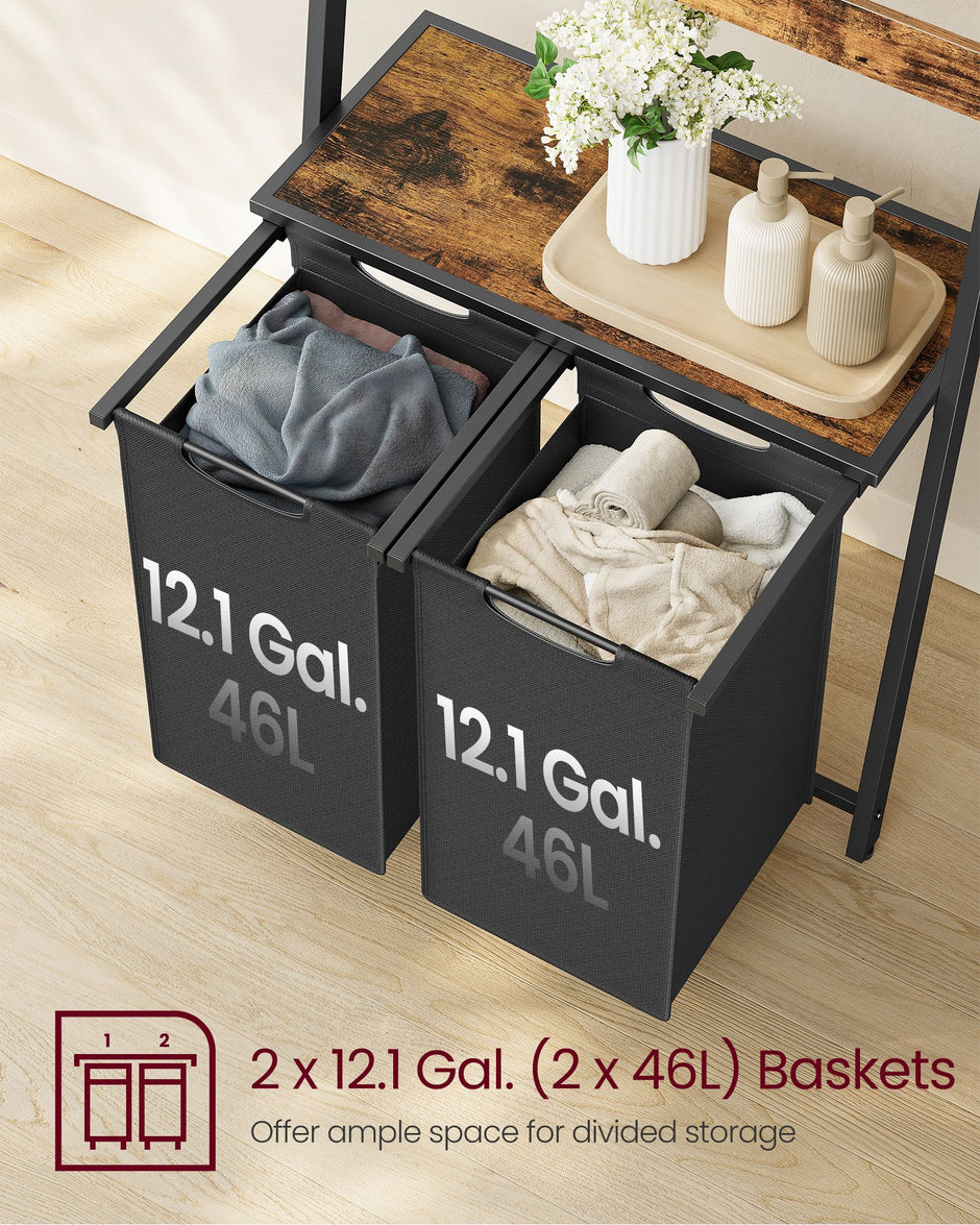 Laundry Hamper with Blanket Ladder – Wood – Rustic Brown and Ink Black – 2-Section with Pull-Out Removable Liners
