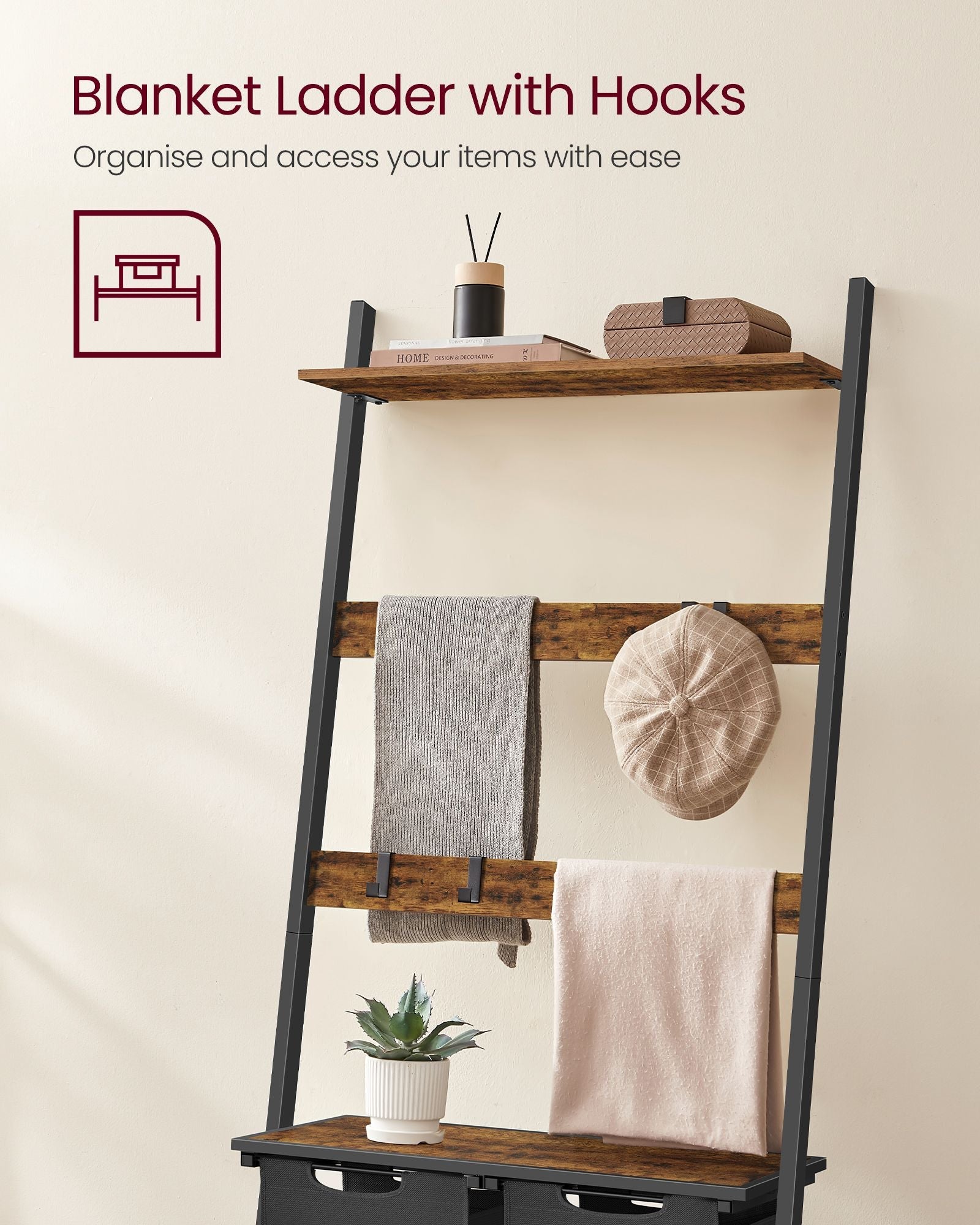 Laundry Hamper with Blanket Ladder – Wood – Rustic Brown and Ink Black – 2-Section with Pull-Out Removable Liners