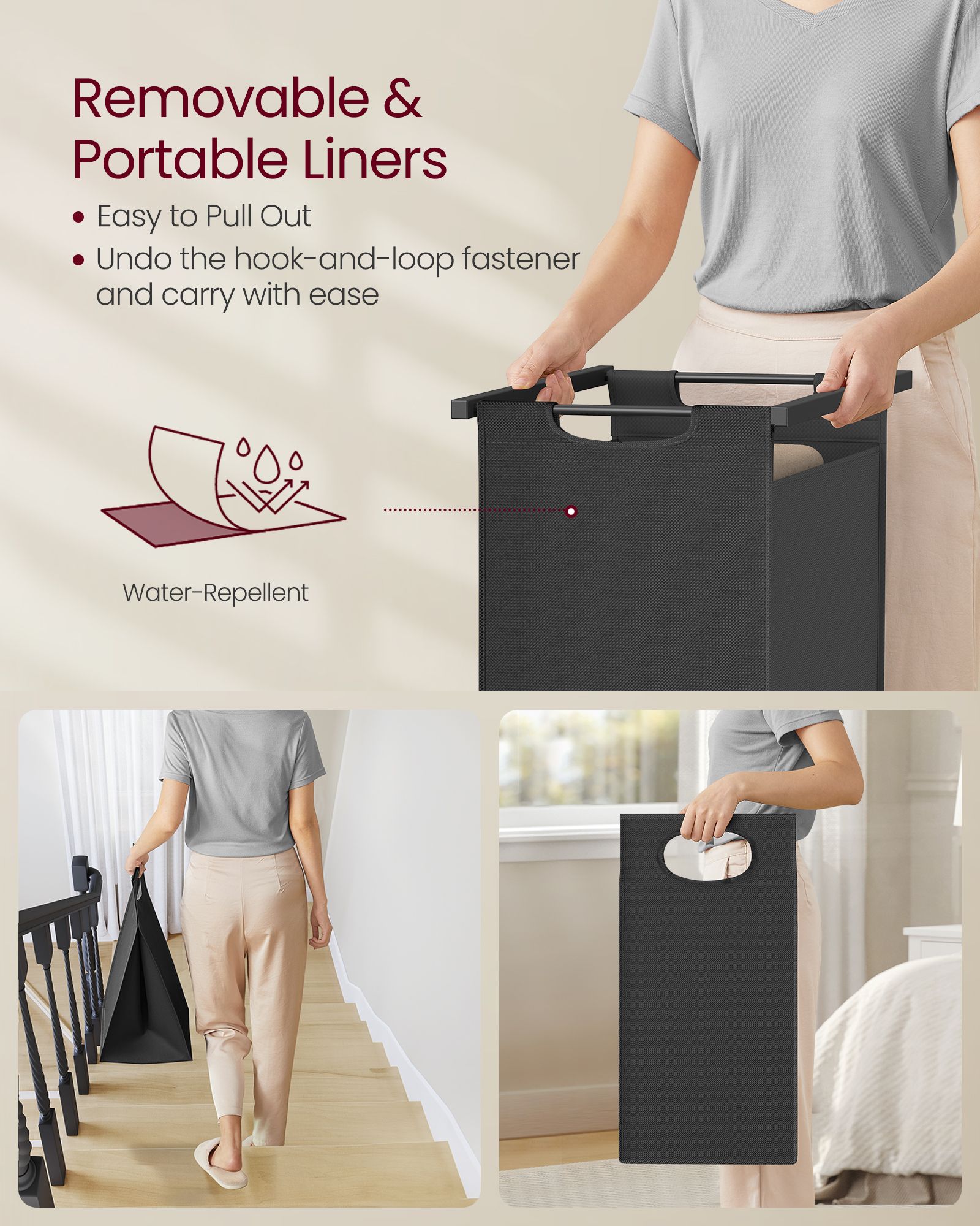 Laundry Hamper with Blanket Ladder – Wood – Rustic Brown and Ink Black – 2-Section with Pull-Out Removable Liners