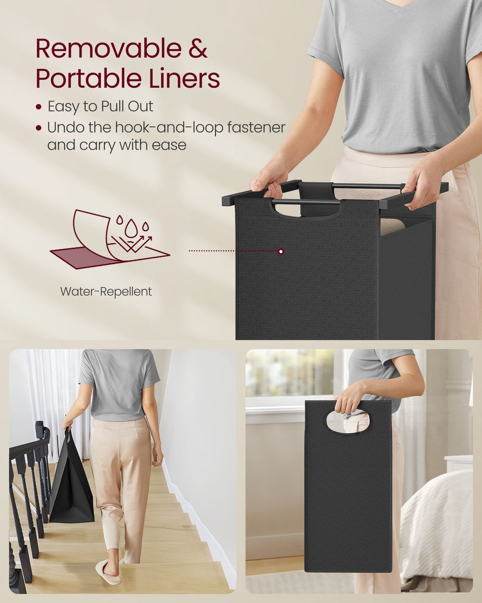 Laundry Hamper with Blanket Ladder – Wood – Rustic Brown and Ink Black – 2-Section with Pull-Out Removable Liners