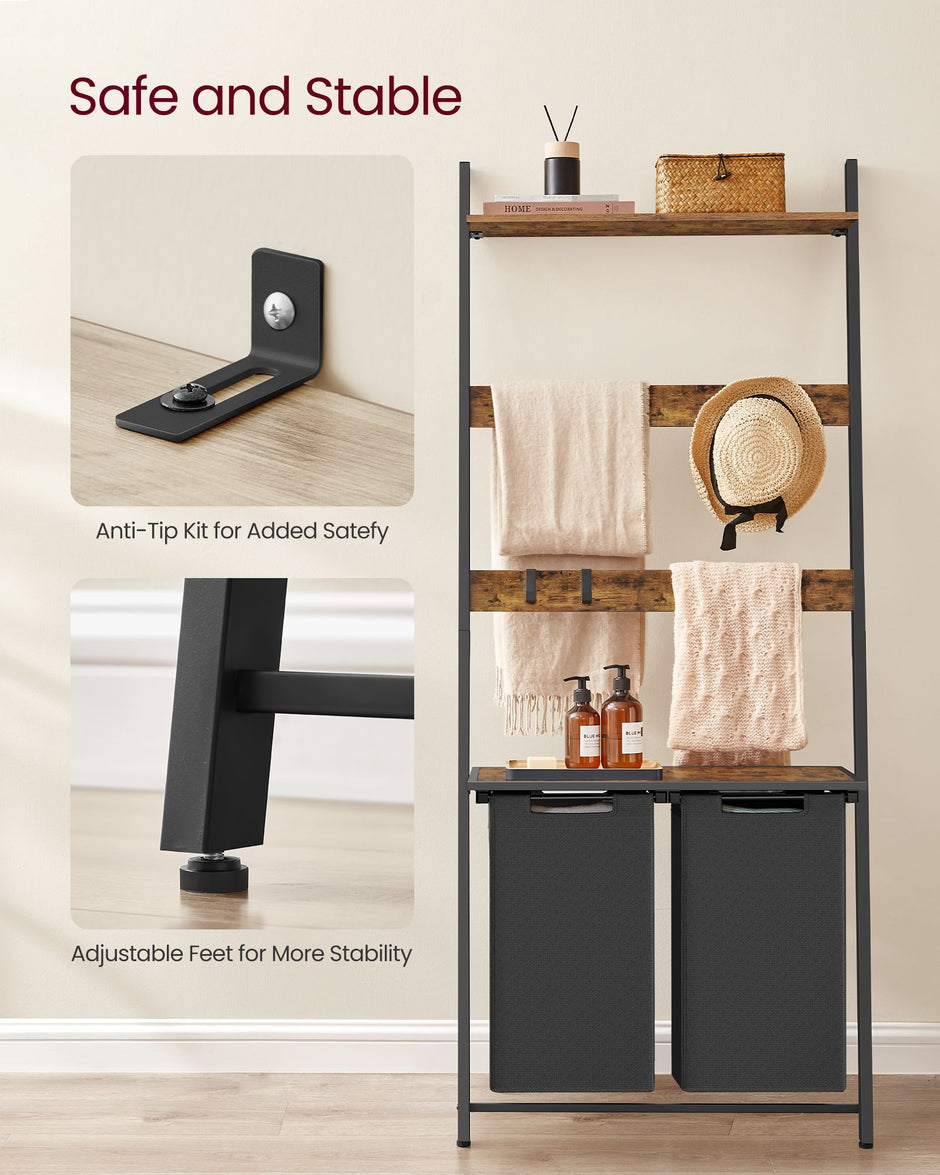Laundry Hamper with Blanket Ladder – Wood – Rustic Brown and Ink Black – 2-Section with Pull-Out Removable Liners