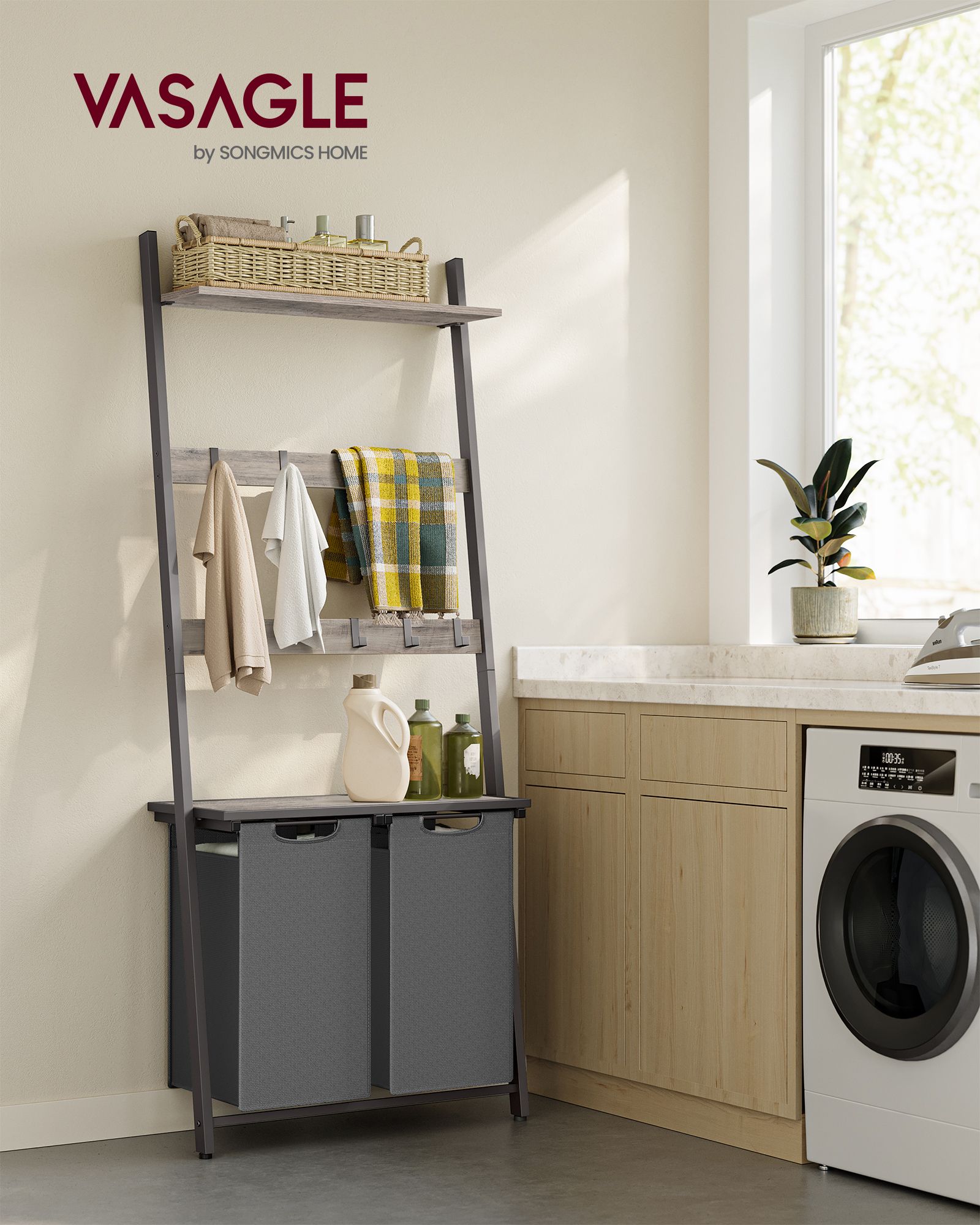 Laundry Basket – Fabric – Heather Greige and Slate Grey – 2-Section with Pull-Out Removable Liners and Blanket Ladder