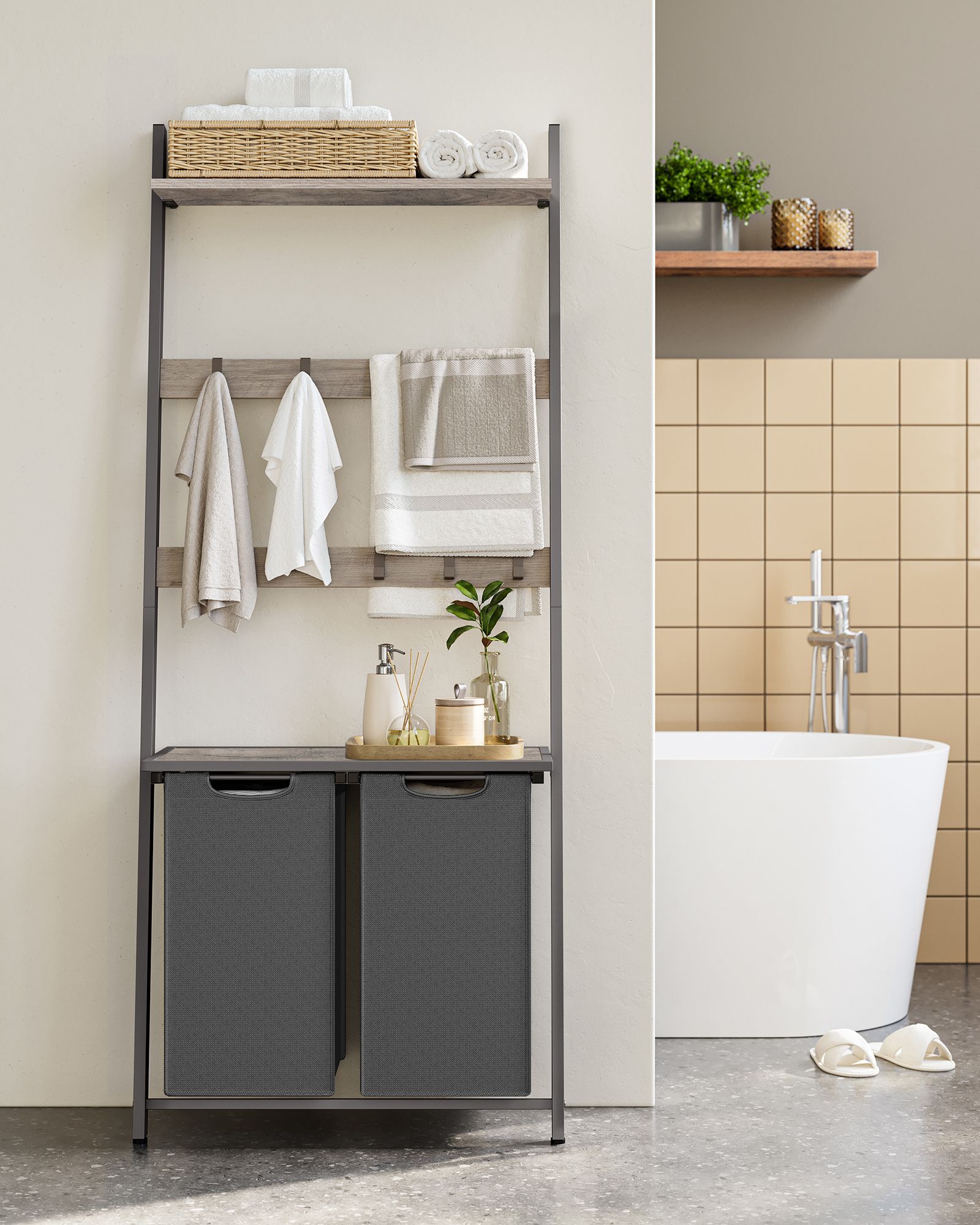 Laundry Basket – Fabric – Heather Greige and Slate Grey – 2-Section with Pull-Out Removable Liners and Blanket Ladder