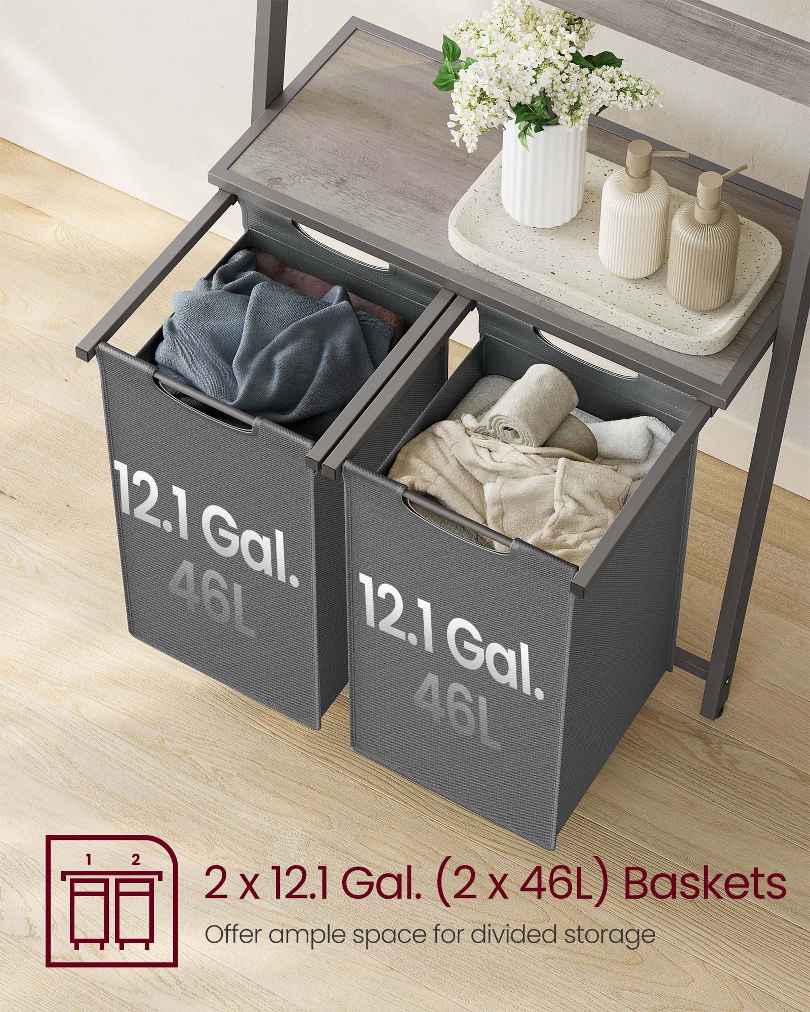 Laundry Basket – Fabric – Heather Greige and Slate Grey – 2-Section with Pull-Out Removable Liners and Blanket Ladder