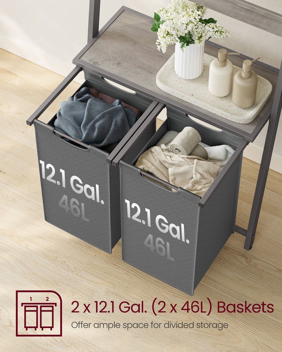 Laundry Basket – Fabric – Heather Greige and Slate Grey – 2-Section with Pull-Out Removable Liners and Blanket Ladder