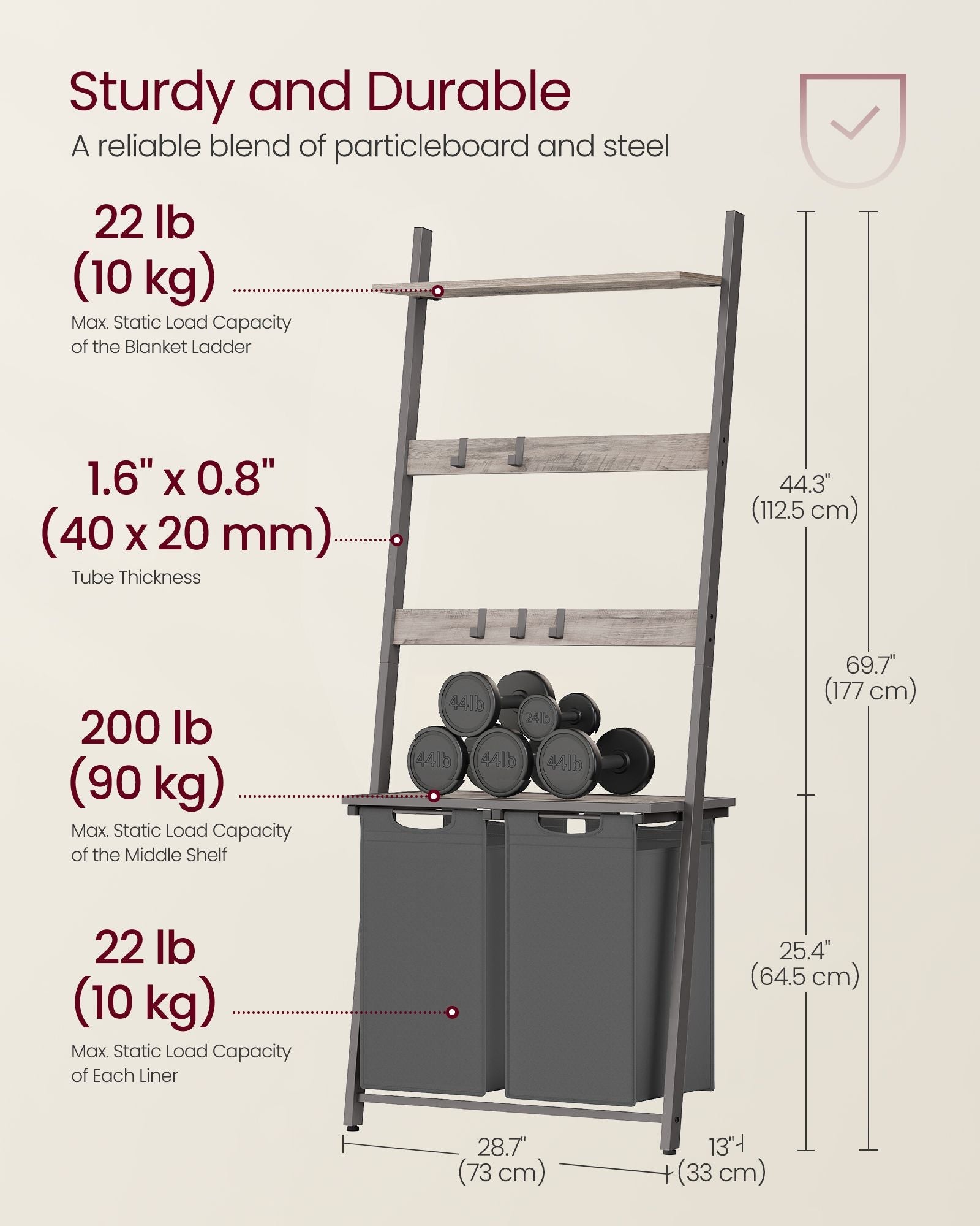 Laundry Basket – Fabric – Heather Greige and Slate Grey – 2-Section with Pull-Out Removable Liners and Blanket Ladder