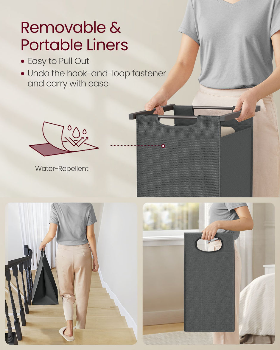 Laundry Basket – Fabric – Heather Greige and Slate Grey – 2-Section with Pull-Out Removable Liners and Blanket Ladder
