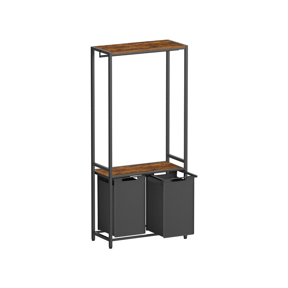 Laundry Basket – Wood – Rustic Brown and Black – 2-Section with Shelves and Pull-Out Liners