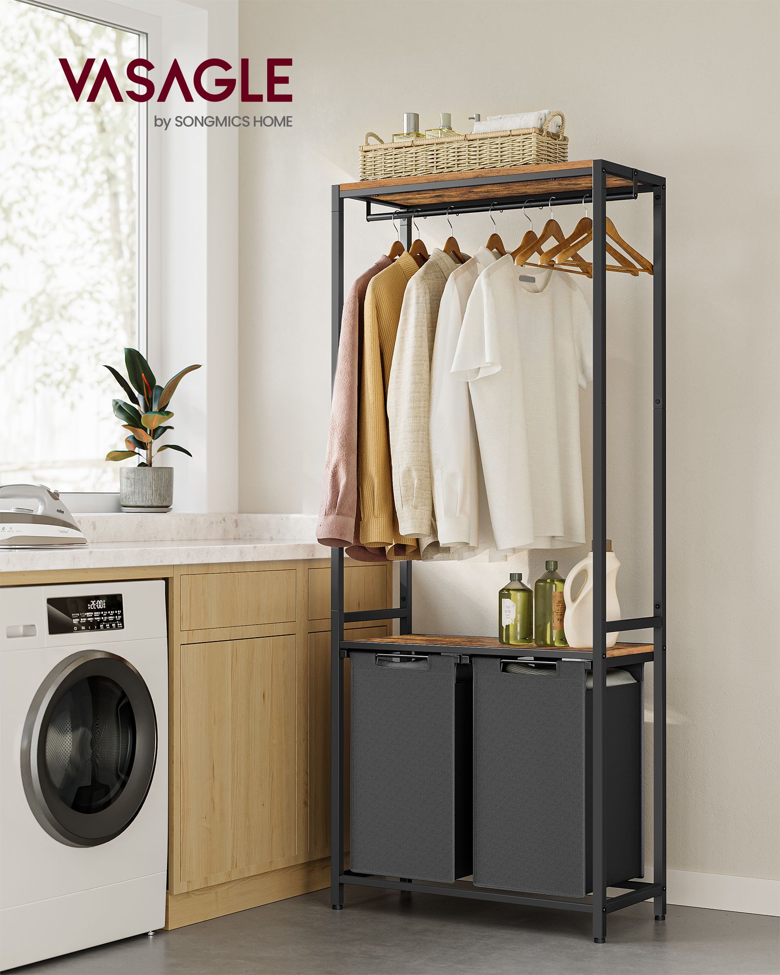 Laundry Basket – Wood – Rustic Brown and Black – 2-Section with Shelves and Pull-Out Liners