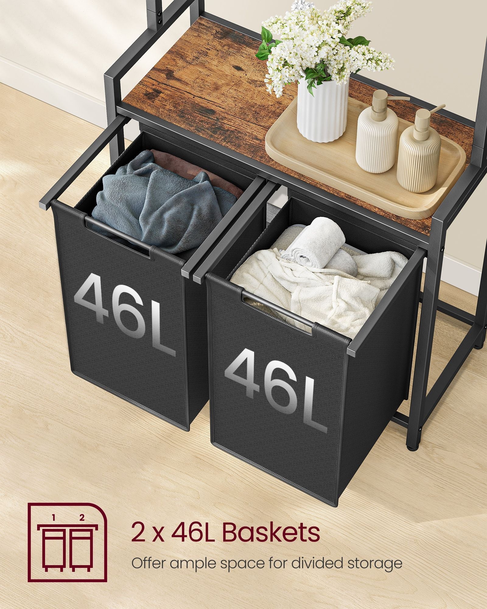 Laundry Basket – Wood – Rustic Brown and Black – 2-Section with Shelves and Pull-Out Liners