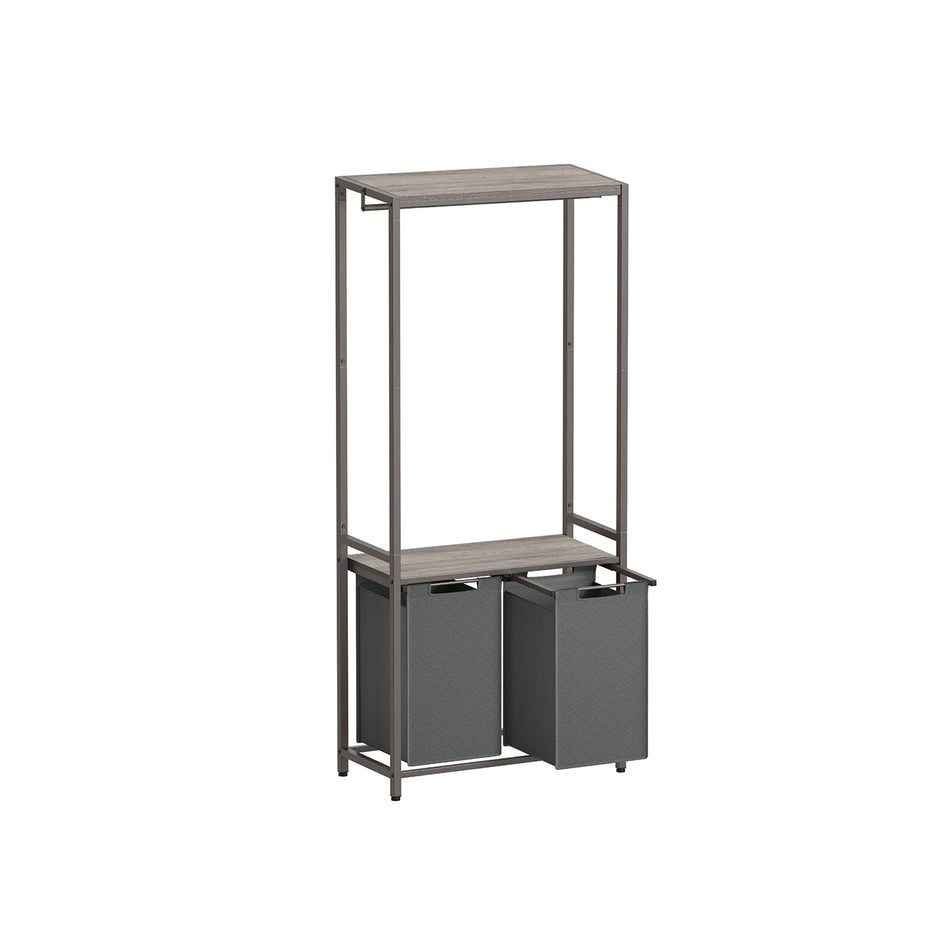 Laundry Basket – Fabric – Heather Greige and Slate Grey – 2-Section with Pull-Out Liners and Clothes Rail