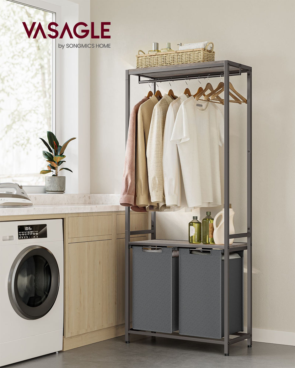 Laundry Basket – Fabric – Heather Greige and Slate Grey – 2-Section with Pull-Out Liners and Clothes Rail