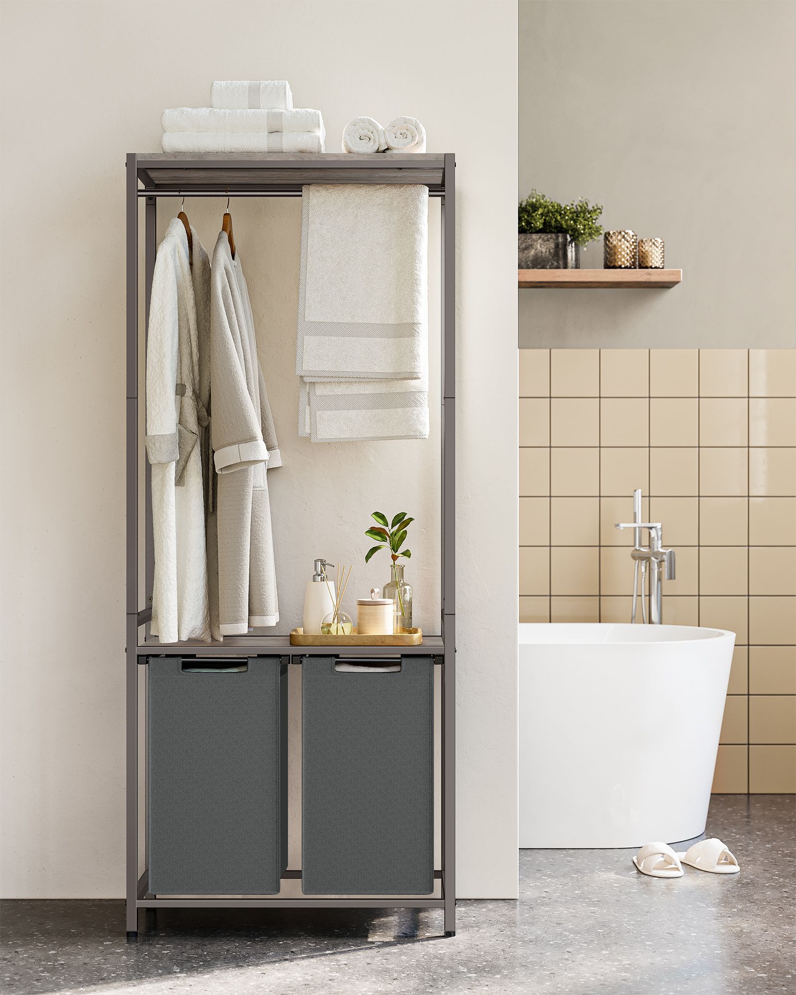 Laundry Basket – Fabric – Heather Greige and Slate Grey – 2-Section with Pull-Out Liners and Clothes Rail