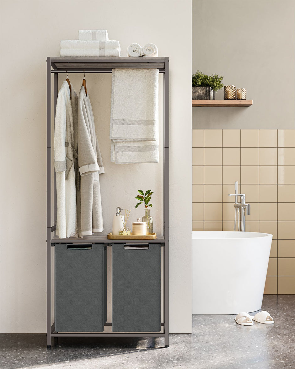 Laundry Basket – Fabric – Heather Greige and Slate Grey – 2-Section with Pull-Out Liners and Clothes Rail