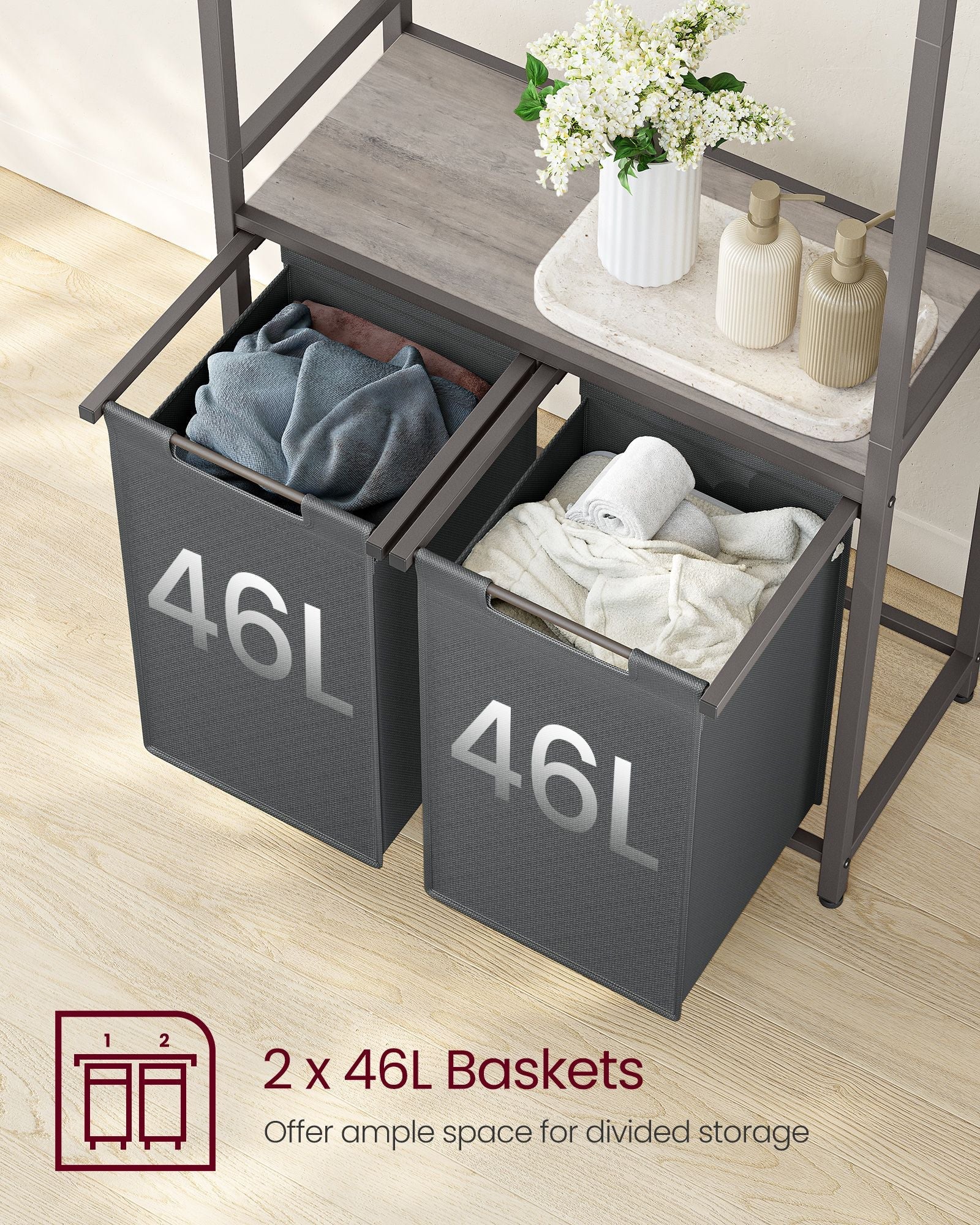 Laundry Basket – Fabric – Heather Greige and Slate Grey – 2-Section with Pull-Out Liners and Clothes Rail