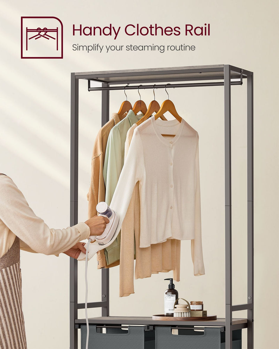 Laundry Basket – Fabric – Heather Greige and Slate Grey – 2-Section with Pull-Out Liners and Clothes Rail