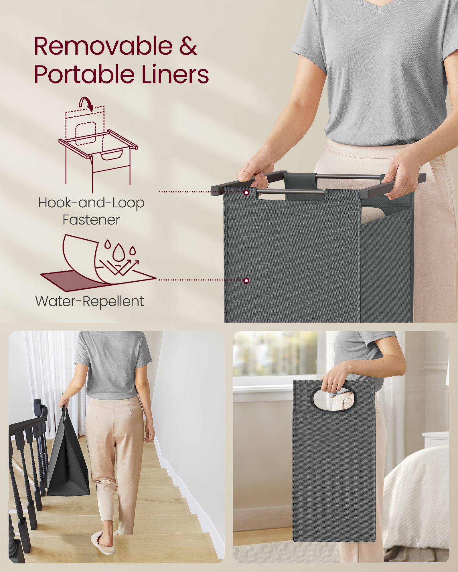 Laundry Basket – Fabric – Heather Greige and Slate Grey – 2-Section with Pull-Out Liners and Clothes Rail