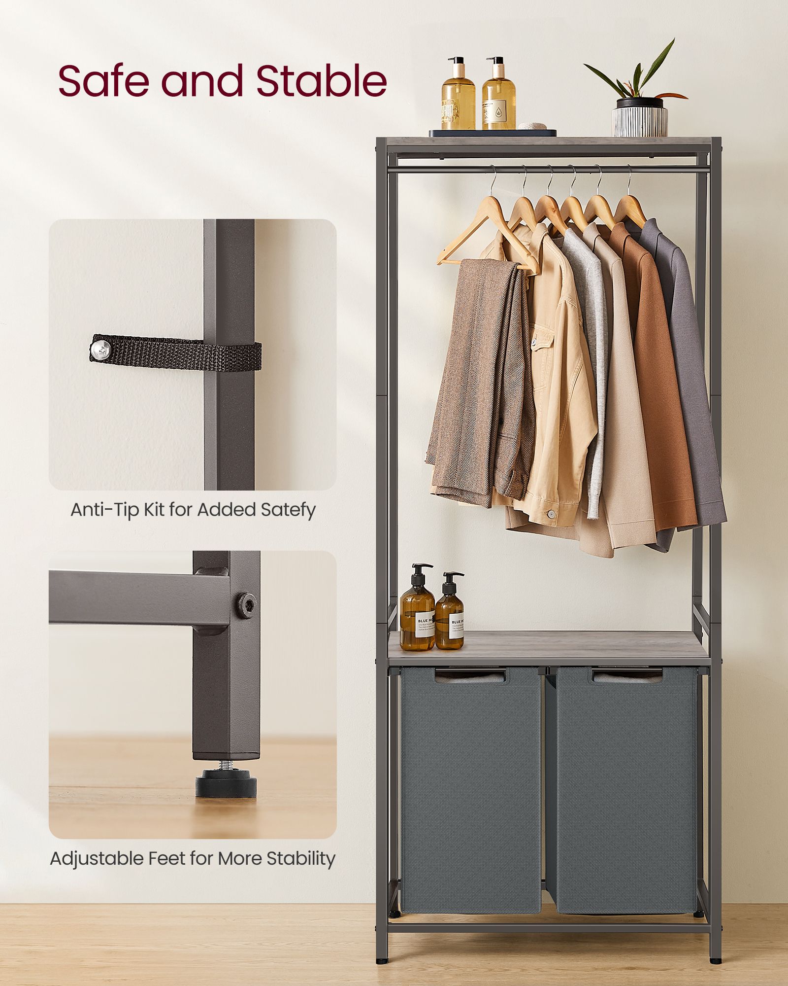 Laundry Basket – Fabric – Heather Greige and Slate Grey – 2-Section with Pull-Out Liners and Clothes Rail