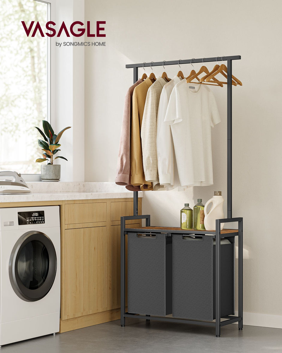 2-Section Laundry Basket – Wood – Rustic Brown and Black – With Clothes Rail and Removable Liners