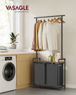 2-Section Laundry Basket – Wood – Rustic Brown and Black – With Clothes Rail and Removable Liners