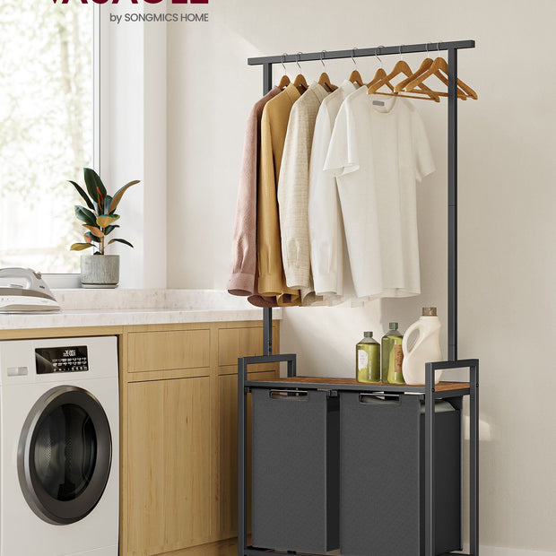 2-Section Laundry Basket – Wood – Rustic Brown and Black – With Clothes Rail and Removable Liners