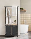2-Section Laundry Basket – Wood – Rustic Brown and Black – With Clothes Rail and Removable Liners