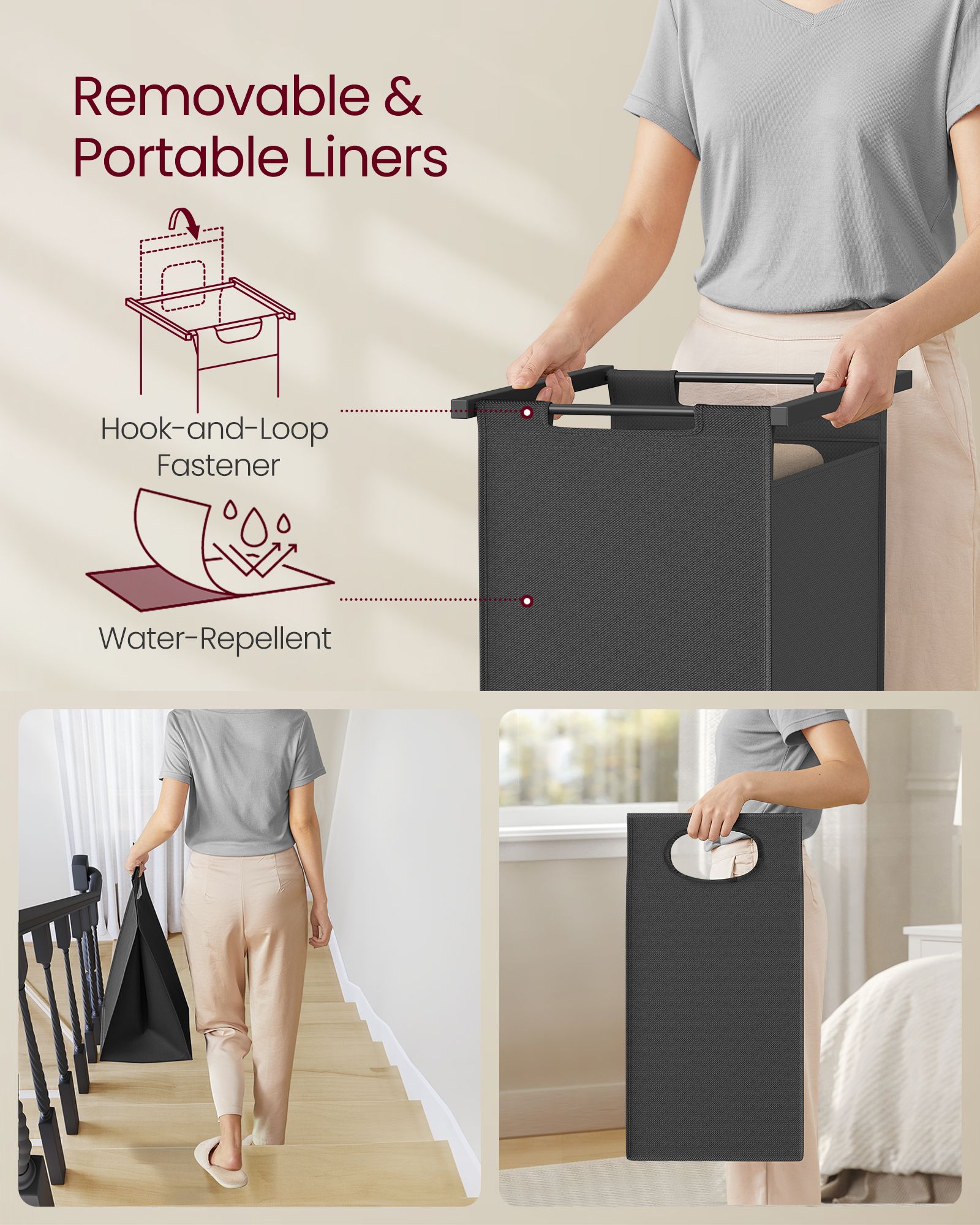 2-Section Laundry Basket – Wood – Rustic Brown and Black – With Clothes Rail and Removable Liners