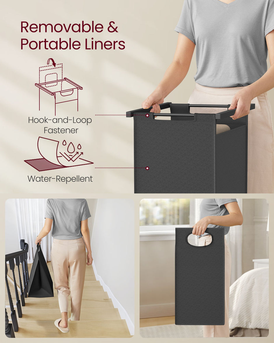 2-Section Laundry Basket – Wood – Rustic Brown and Black – With Clothes Rail and Removable Liners