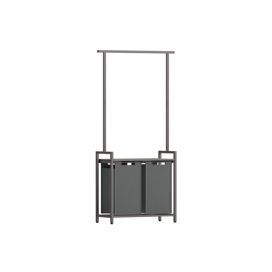 2-Section Laundry Hamper – Fabric – Natural – With Clothes Rail and Removable Liners