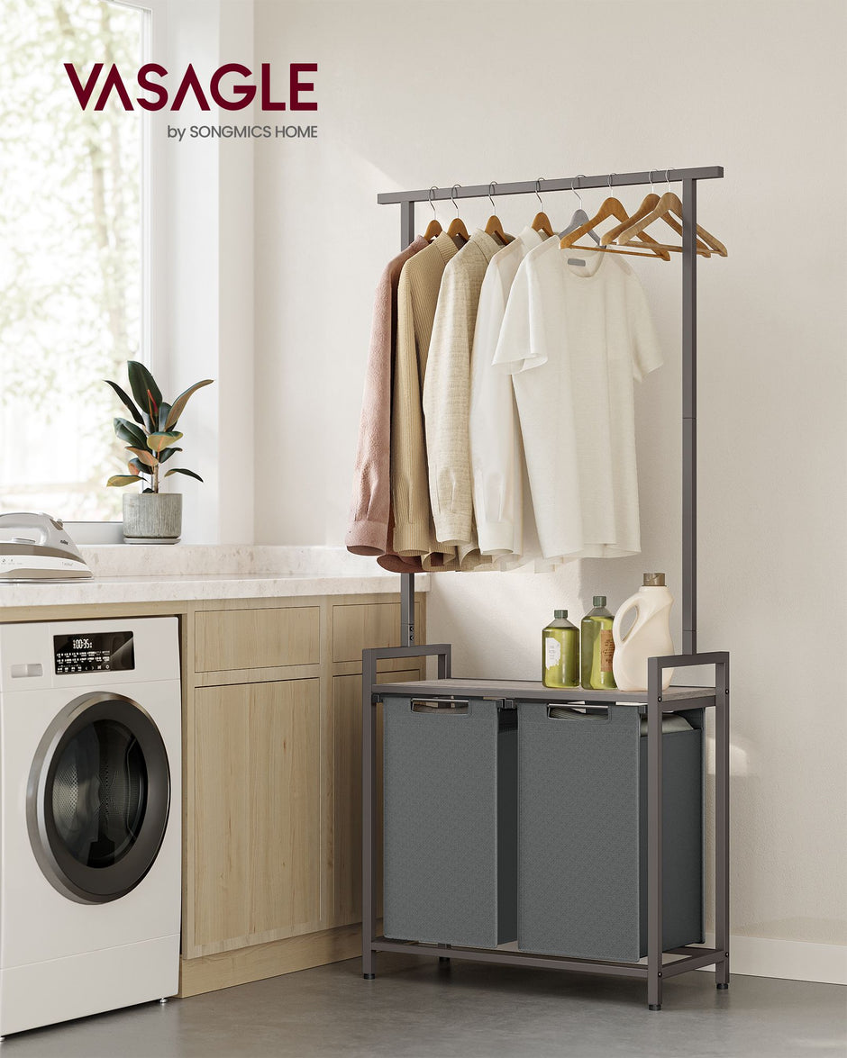 2-Section Laundry Hamper – Fabric – Natural – With Clothes Rail and Removable Liners