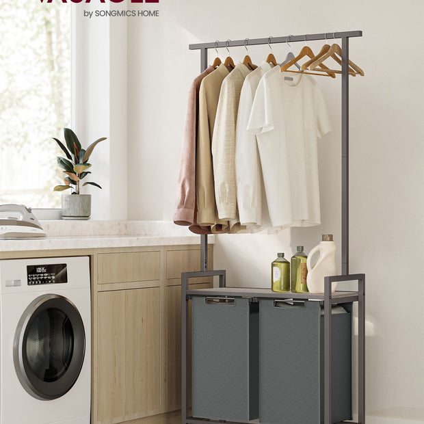 2-Section Laundry Hamper – Fabric – Natural – With Clothes Rail and Removable Liners