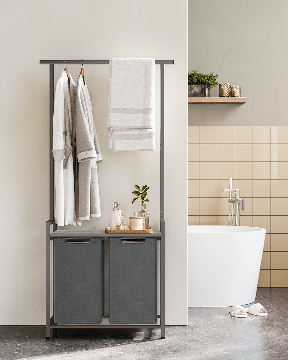 2-Section Laundry Hamper – Fabric – Natural – With Clothes Rail and Removable Liners