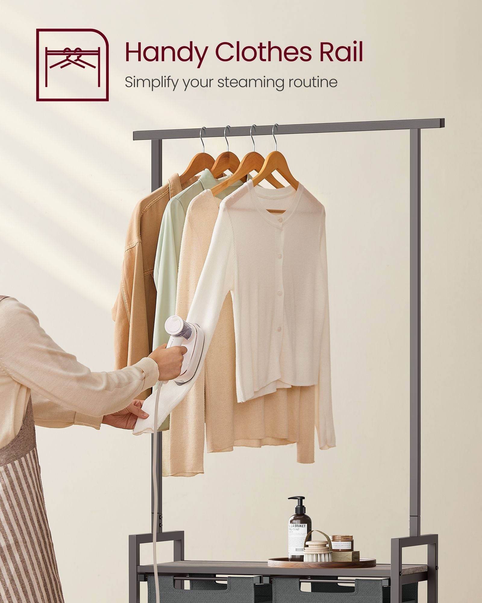 2-Section Laundry Hamper – Fabric – Natural – With Clothes Rail and Removable Liners