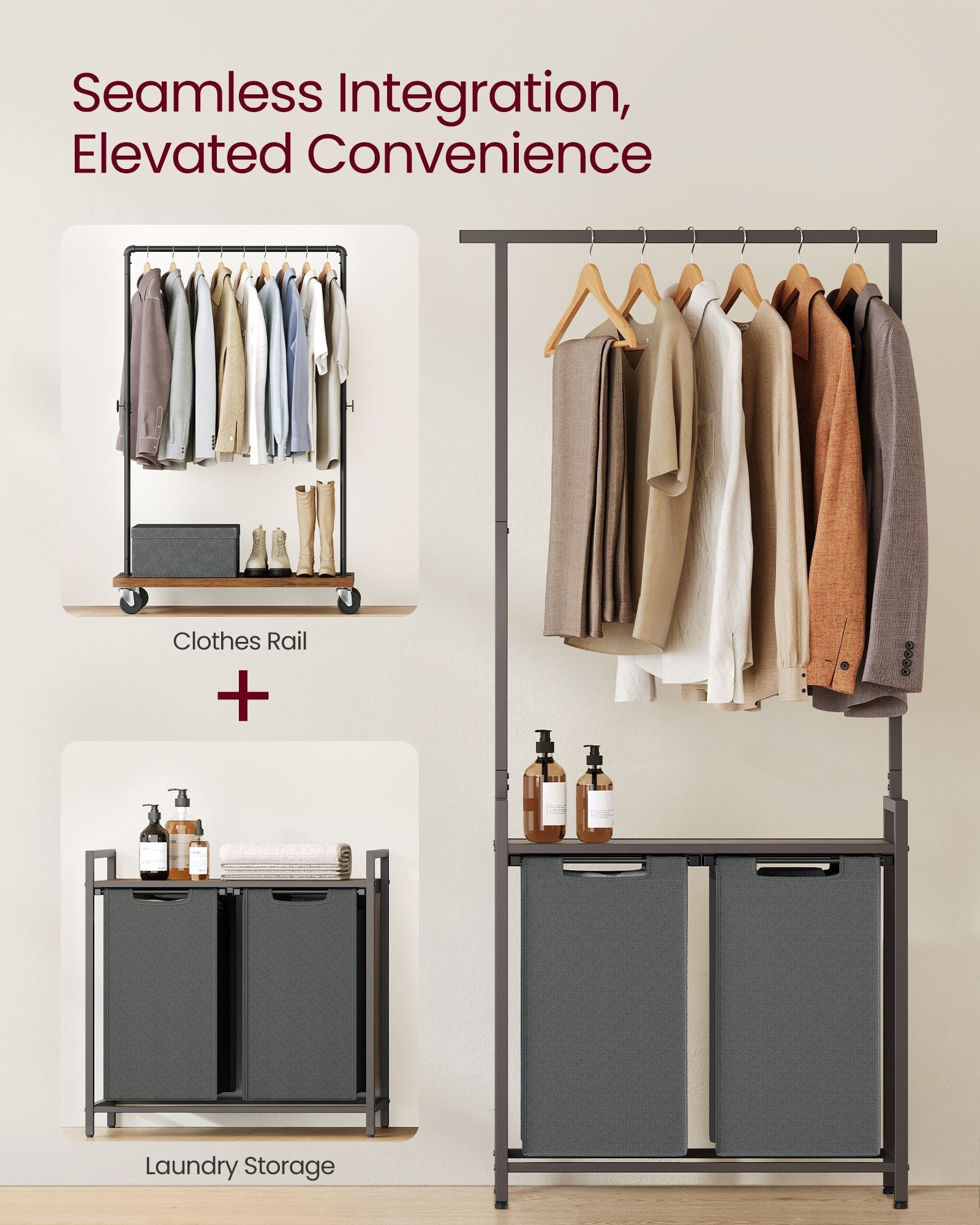 2-Section Laundry Hamper – Fabric – Natural – With Clothes Rail and Removable Liners