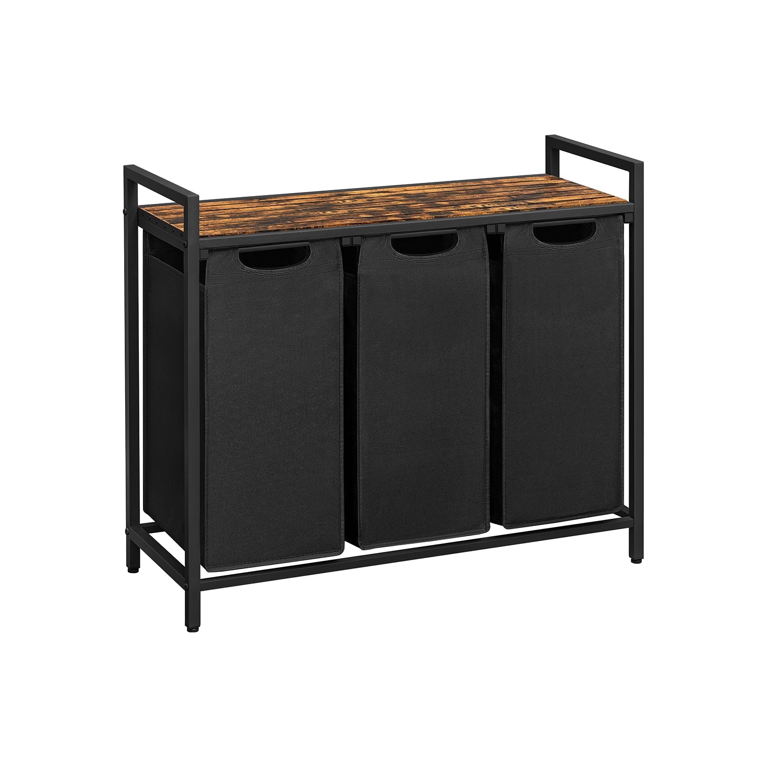 Laundry Sorter – Wood and Fabric – Rustic Brown and Black – 3 Pull-Out Removable Bags with Storage Shelf