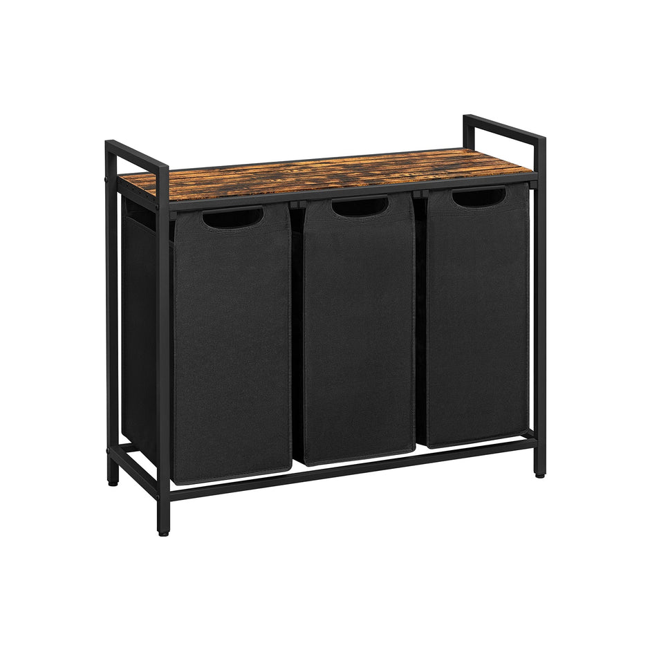 Laundry Sorter – Wood and Fabric – Rustic Brown and Black – 3 Pull-Out Removable Bags with Storage Shelf